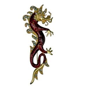 Designer Bob Mackie 4.5" Gold Tone Deep Red Enamel Rhinestone Dragon Brooch